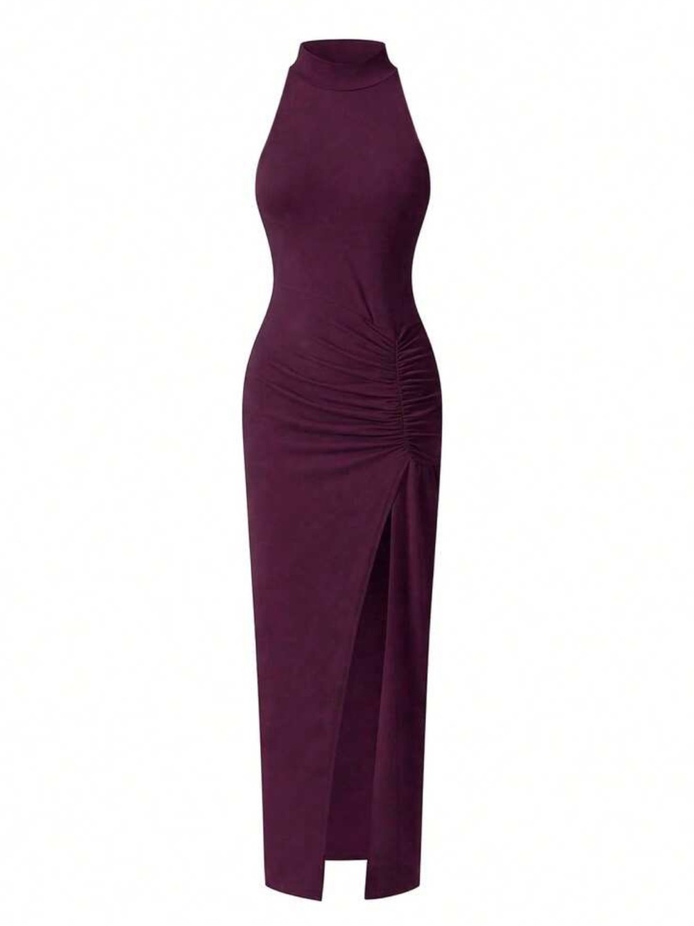 NWOT Halter Ruched Maxi Dress with Thigh Slit in Burgundy - Picture 2 of 6